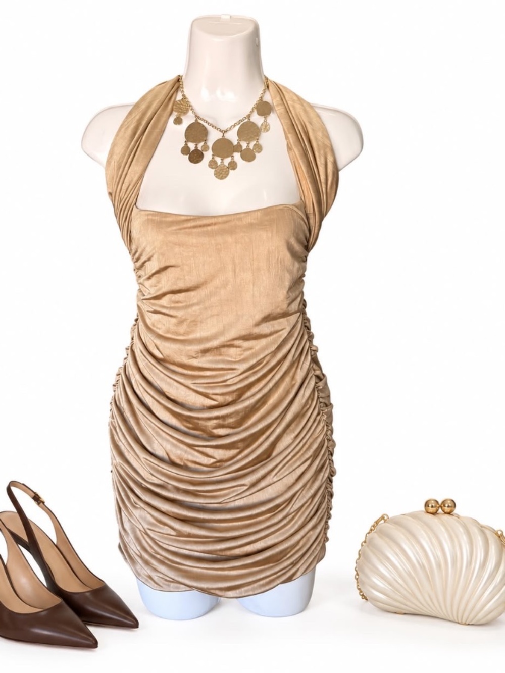 Oh Polly Champagne Ruched Halter Mini Dress NWT Size 8